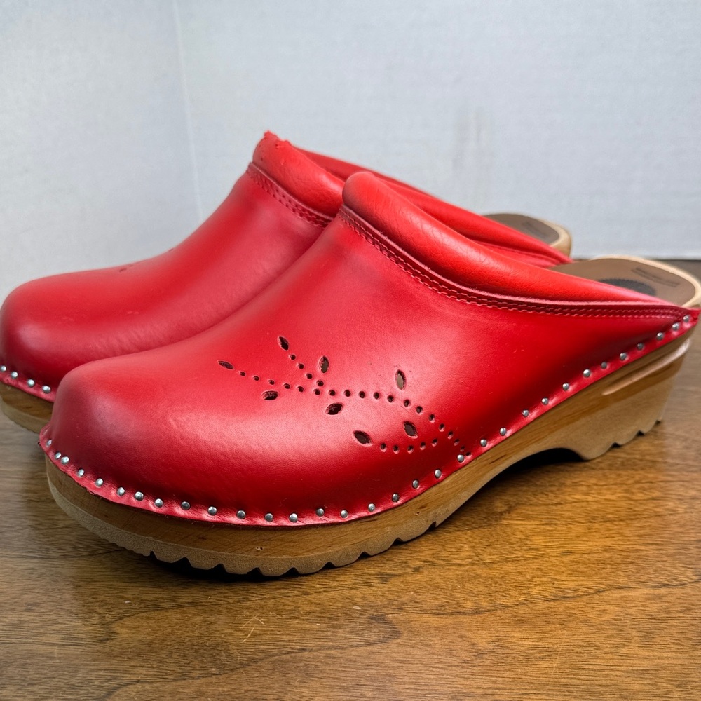 Women's Red Leather Slip-On Clogs with Stud Detail